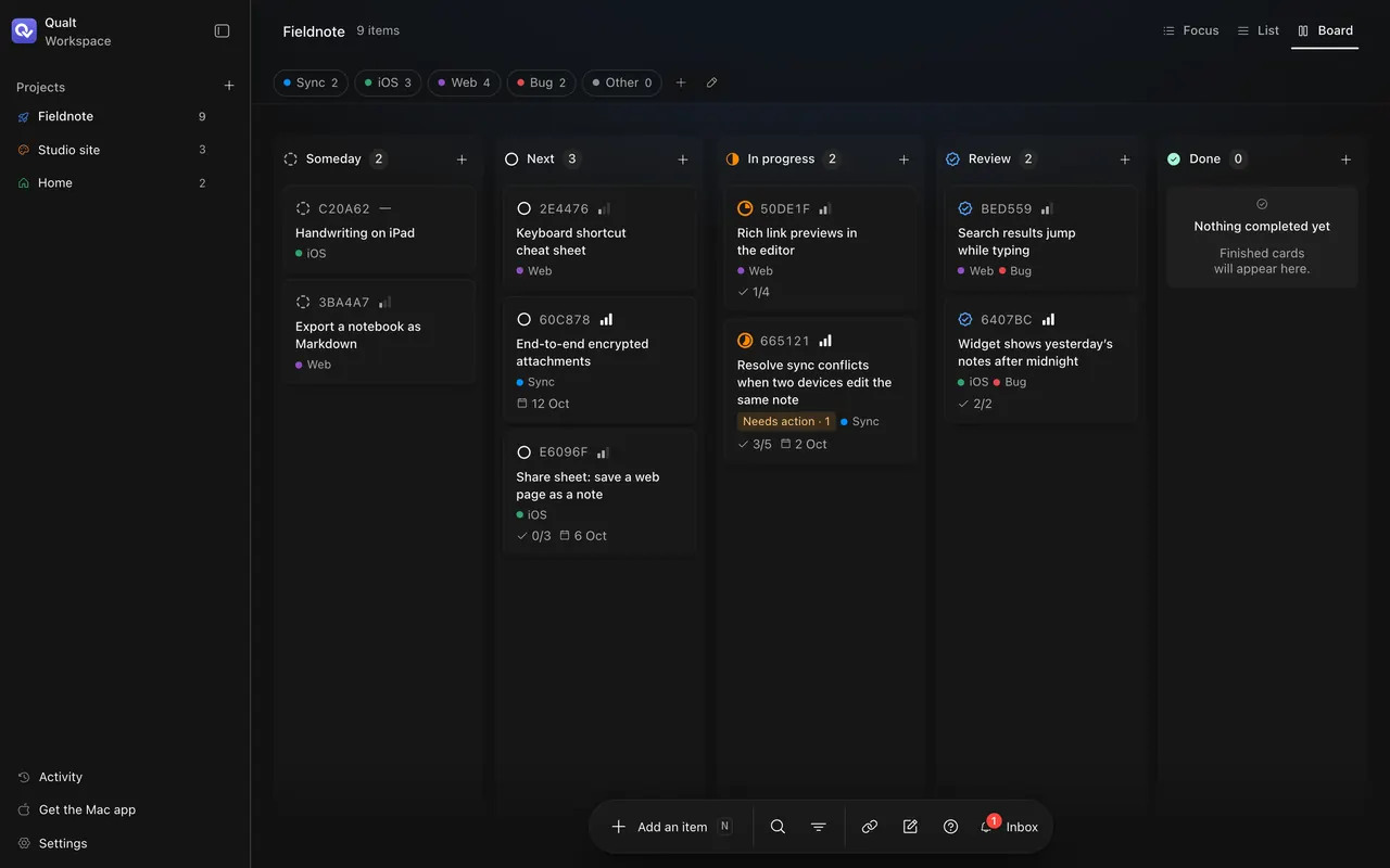 Qualt’s Board view of a project called Fieldnote, with tasks tagged Sync, iOS, Web and Bug.