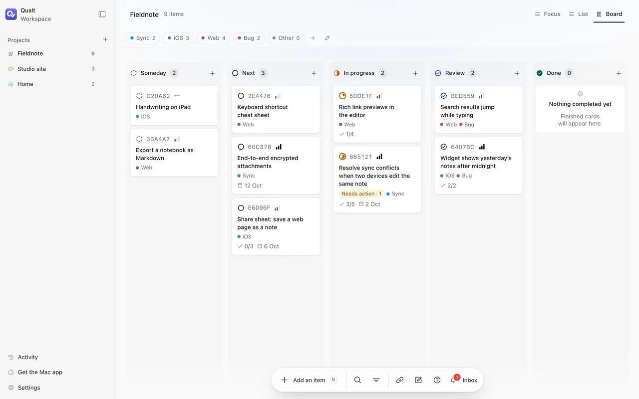 Qualt’s Board view of a project called Fieldnote, with tasks tagged Sync, iOS, Web and Bug.