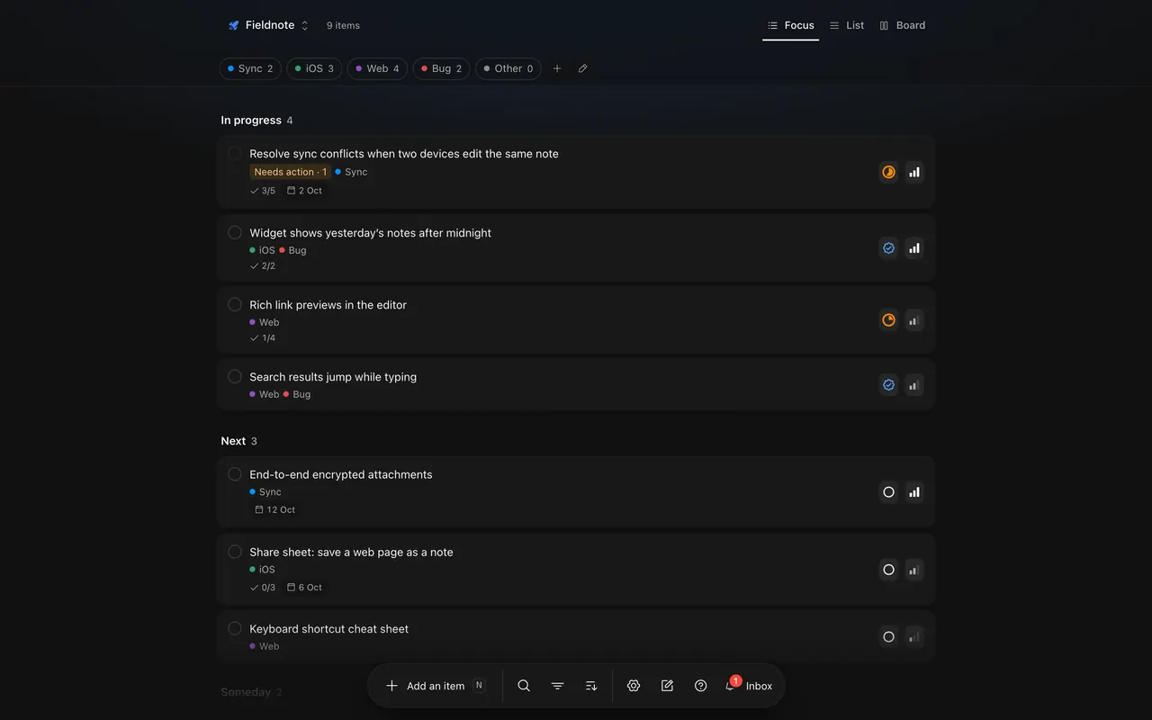 Qualt’s Focus view of a project called Fieldnote, with tasks tagged Sync, iOS, Web and Bug.
