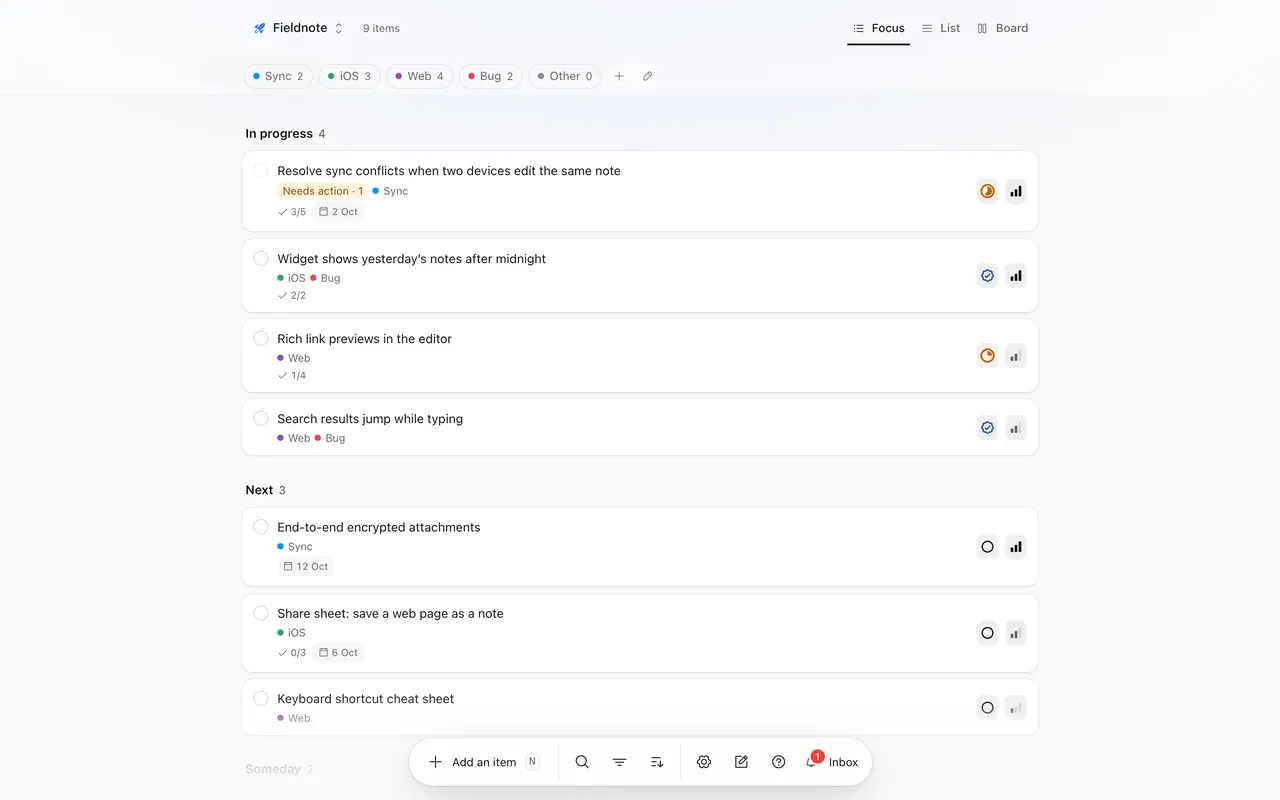 Qualt’s Focus view of a project called Fieldnote, with tasks tagged Sync, iOS, Web and Bug.