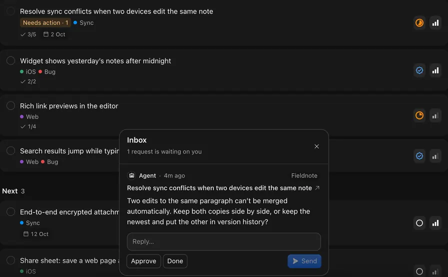 The Qualt inbox showing an agent’s question on a sync task: keep both conflicting copies side by side, or keep the newest?