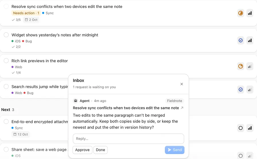 The Qualt inbox showing an agent’s question on a sync task: keep both conflicting copies side by side, or keep the newest?
