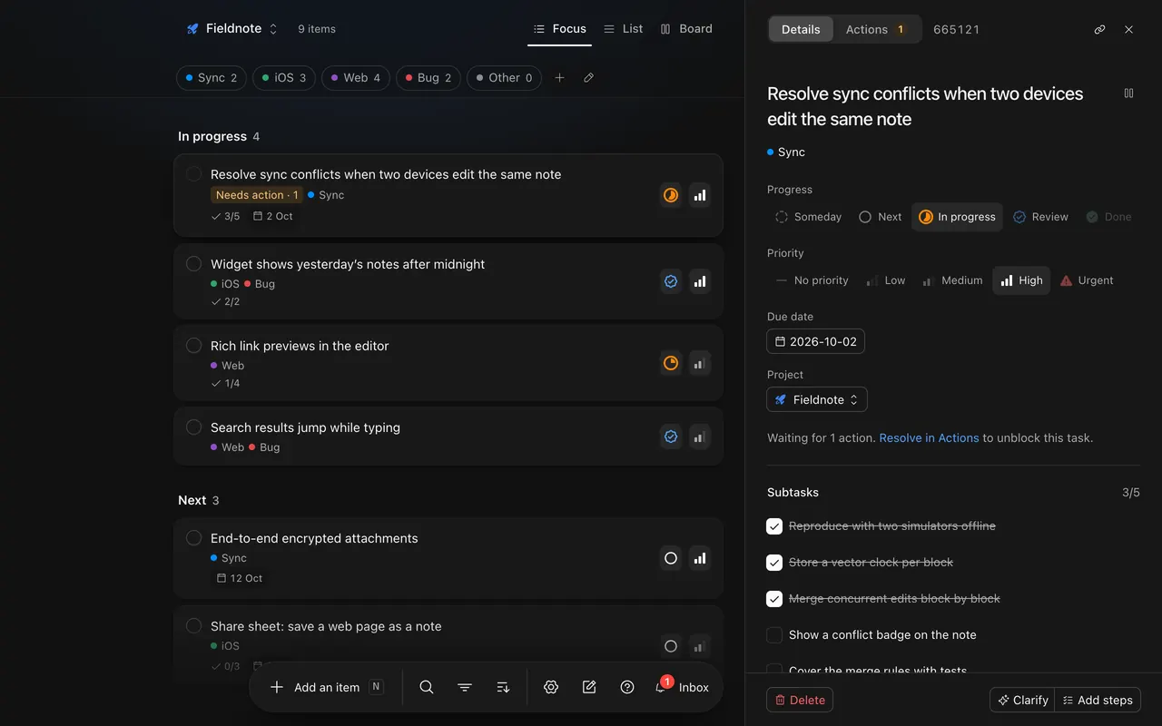 Qualt’s Focus view with a task open: an agent is waiting on an answer, three of five subtasks are done, and Clarify and Add steps sit at the bottom.