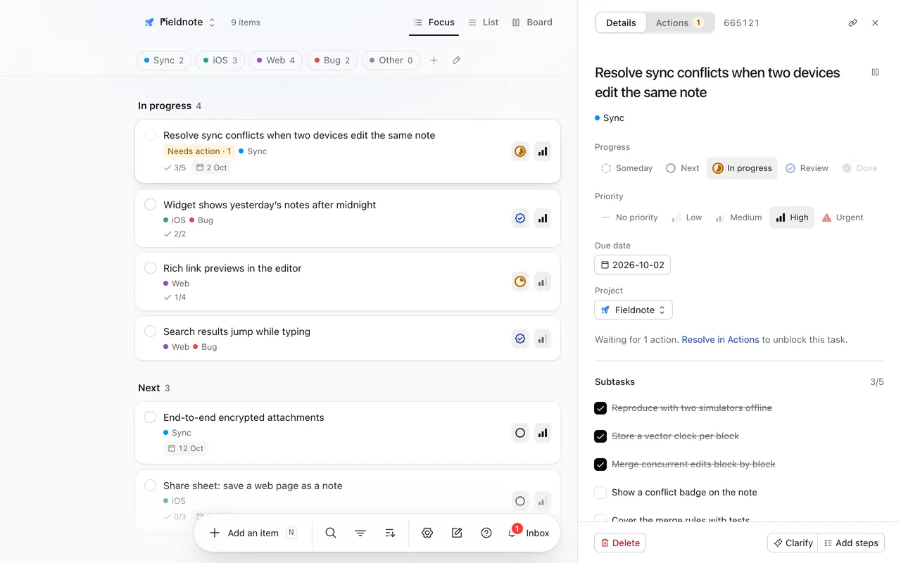 Qualt’s Focus view with a task open: an agent is waiting on an answer, three of five subtasks are done, and Clarify and Add steps sit at the bottom.