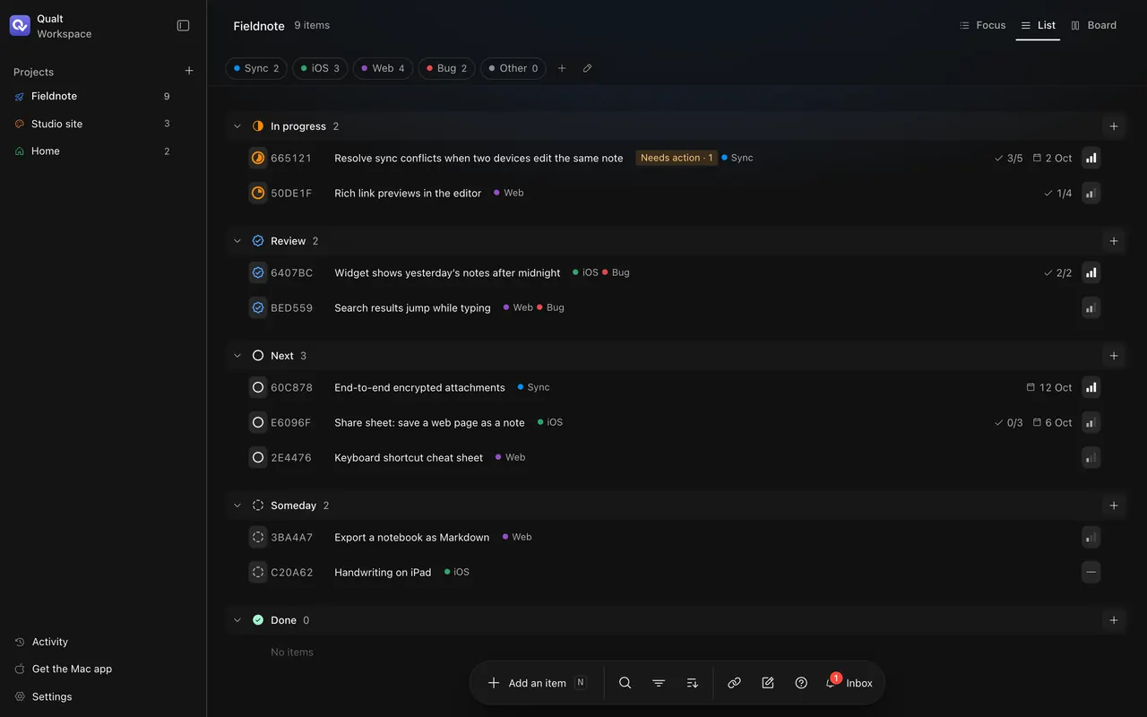 Qualt’s List view of a project called Fieldnote, with tasks tagged Sync, iOS, Web and Bug.