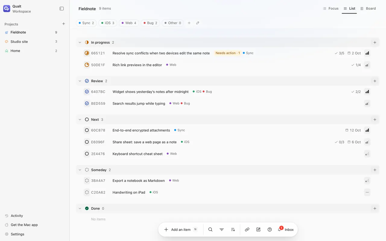 Qualt’s List view of a project called Fieldnote, with tasks tagged Sync, iOS, Web and Bug.